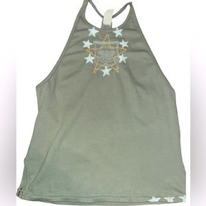 WE THE FREE army green razorback tank. White stars & a large gold open star.